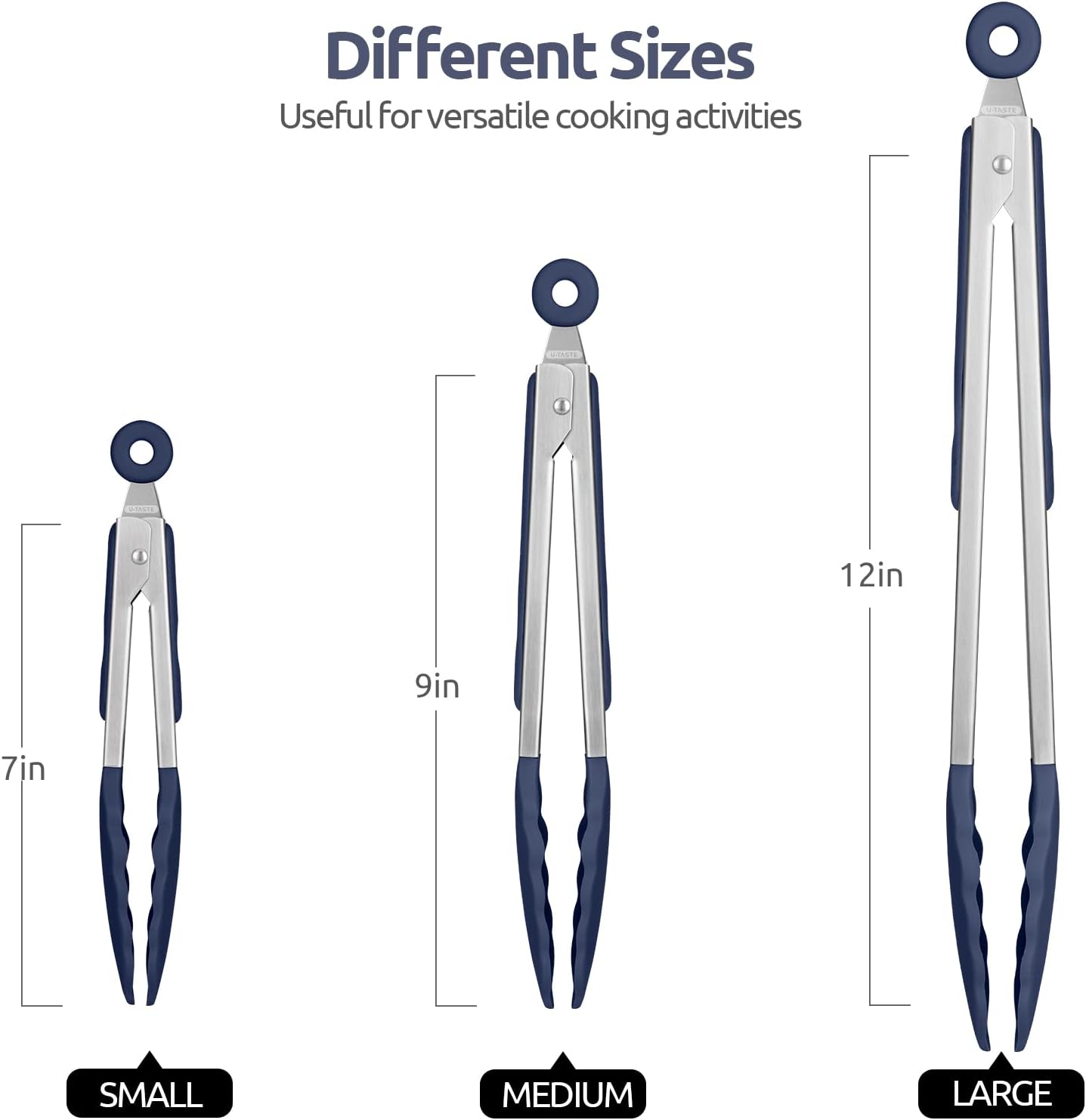 600ºF Heat Resistant Kitchen Tongs: U-Taste 7/9/12 inch Silicone Cooking Tong Set with Non Stick Rubber Tips and Silicon Coated 18/8 Stainless Steel Handle for Serving Grilling Salad(Midnight Blue)