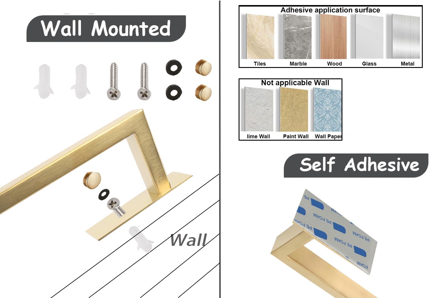 Bathroom Towel Bar Self Adhesive, No Drilling Towel Rack Easy to Install,Hand Towel Holder Made of Premium Stainless Steel Sticky on Hand Towel Hanger for Kitchen, Toilet.(24IN, Gold)