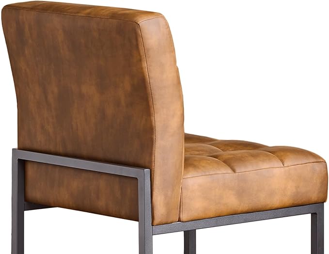 Coffee Faux Leather Dining Chairs Set of 4, Mid-Century Modern Dining Room Chairs with Armless, Checkered Kitchen Chair with Metal Legs