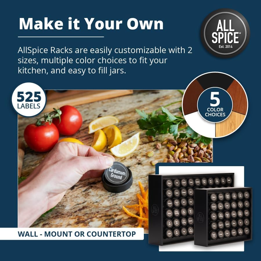 AllSpice Spice Rack Organizer, Wood, 525 Unique Labels, Countertop or Wall Mount, Includes 30 4oz Jars- Matte Black