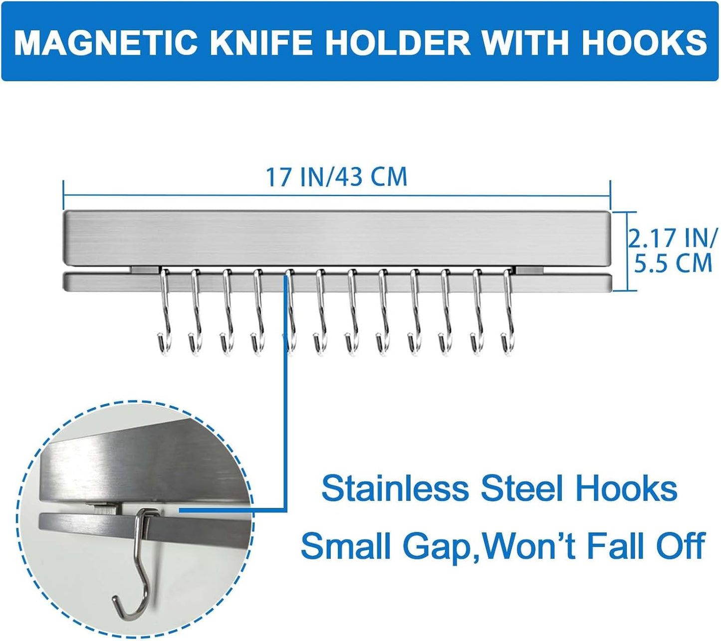 17 Inch Magnetic Knife Holder for Wall, Adhesive Knife Magnetic Strip No Drilling with 12 Hooks, Powerful Magnetic Knife Strip, Magnetic tool Holder for Kitchen Knives & Utensils (Silver)