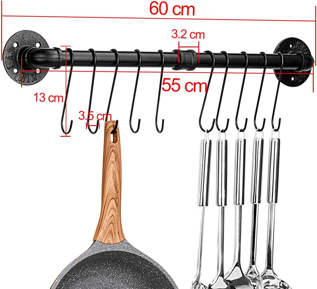 Toplife 23.7 inch Pot Rack, Kitchen Wall Mounted Detachable Pan Lid Utensils Organizer Hanging Rail with 10 Hooks, Black