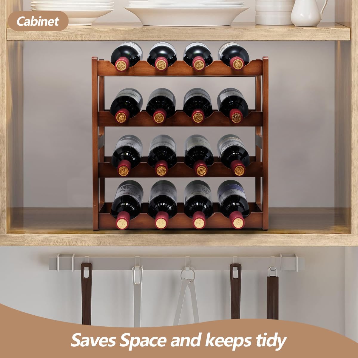 Bamboo Wine Rack,4 Tier, Wine Bottle Holder, Hold 16 Bottles for Home Kitchen, Dinging Room, Pantry, Cabinet, Bar