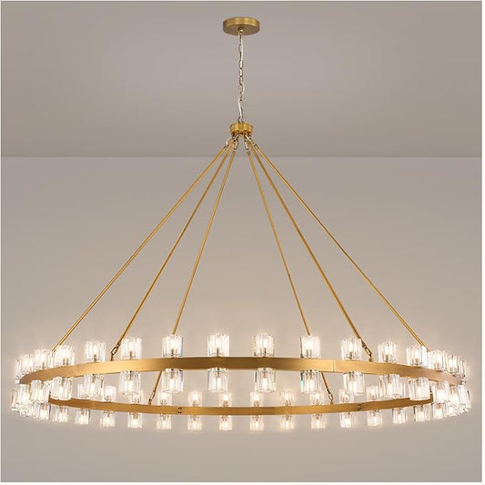 70 Inch Gold Wagon Wheel Chandelier with Crystal Shade, 72 Lights, Modern Farmhouse Style, Ideal for Dining Room, Kitchen, Entryways
