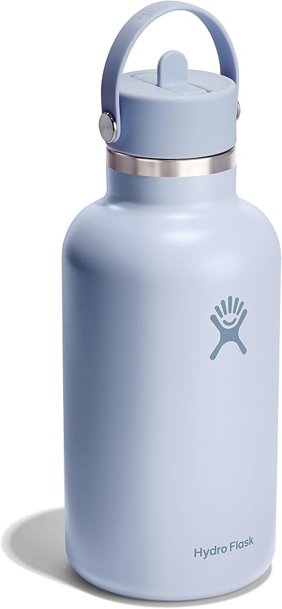 Hydro Flask Water Bottle - Insulated Stainless Steel - Wide Mouth Flex Straw Lid, Non Spill, Leakproof and Refillable in 64 Oz Surf Blue