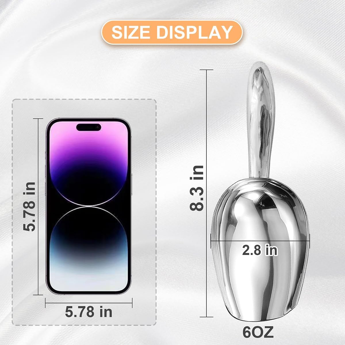 Metal Ice Scoop，Kitchen Ice Scooper for Ice Maker,Stainless Steel Small Ice Scooper for Freezer，Kitchen Gadgets Cookie Flour Pet Dog Food Scoop (Curved handle silver, 6OZ)