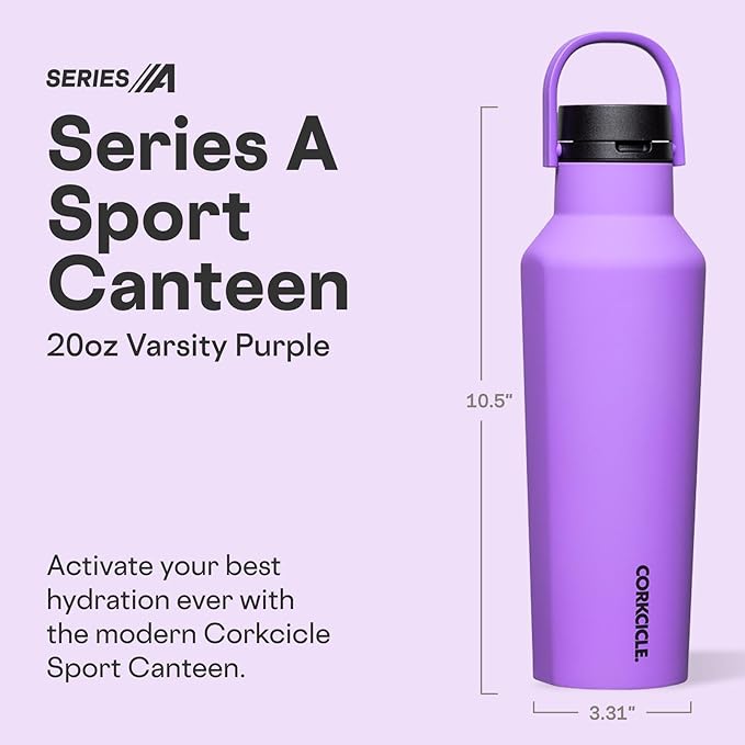Corkcicle Sport Canteen - Keeps Drinks Cold 25 Hours - Stainless Steel Water Bottle - Triple-Insulated - Spill-Proof - Summer Drinkware Gift - Keeps Drinks Ice Cold - 20 oz - Varsity Purple