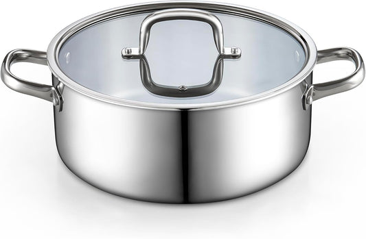 Cook N Home Stainless Steel Stockpot with Lid 7 Quart, Tri-Ply Clad Dutch Oven Soup Pot, Induction Cooking Pot, Silver