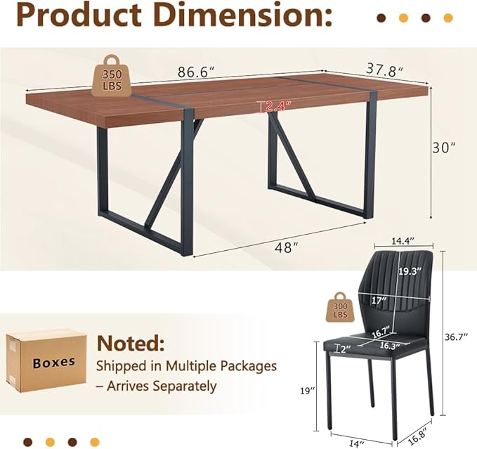 86.6" Dining Table Set for 8, Modern 9 Piece Wood Kitchen Table and Chairs Set, Rectangle Dining Room Table with 8 PU Leather Upholstered Chairs, Ideal for Home, Kitchen, or Apartment Dining