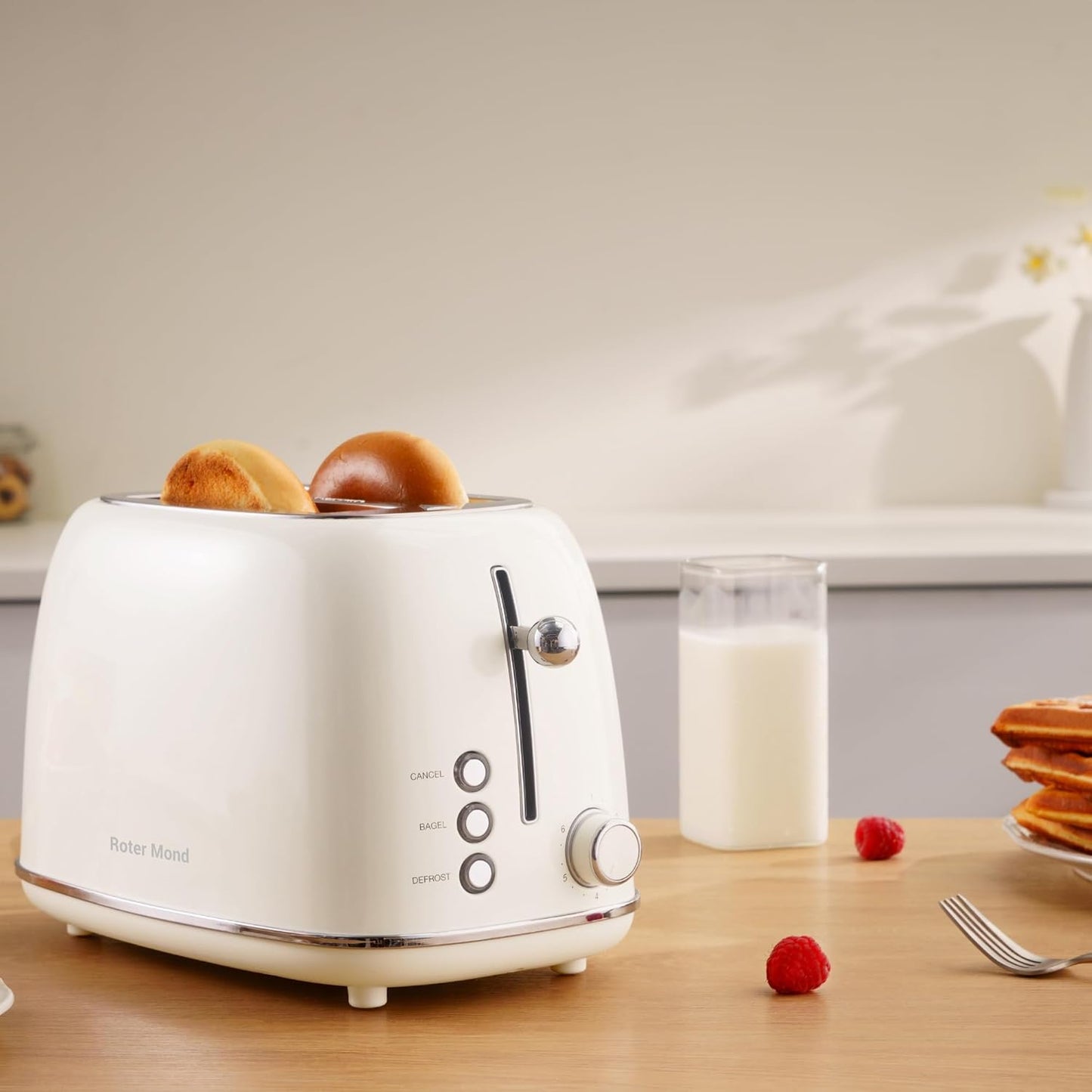 2 Slice Toaster Retro Stainless Steel with Bagel, Cancel, and Defrost Functions, 6 Bread Shade Settings, Extra Wide Slots and Removable Crumb Tray, Cream