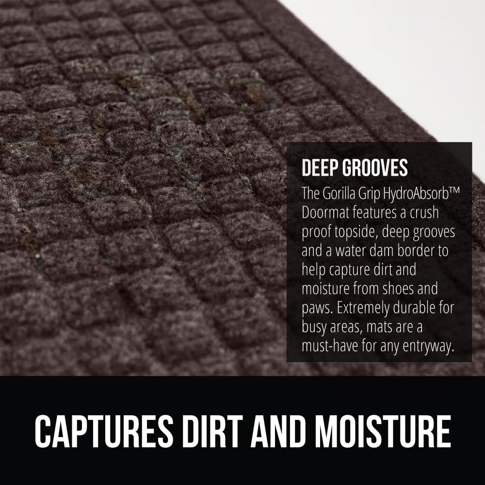 GORILLA GRIP Front Door Mat, 72x24, Indoor Outdoor Ultra Absorbent HydroAbsorb Doormat, Absorbs Up to 2.75 Cups of Water, Stain and Fade Resistant, Rubber Backing Doormats, Captures Dirt, Coffee