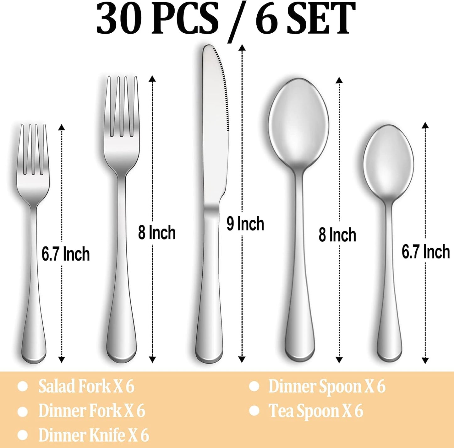 MUTNITT 30 Pcs Silverware Set Service for 6,Premium Stainless Steel Flatware Set,Mirror Polished Cutlery Utensil Sets,Durable Kitchen Eating Tableware Sets,Include Fork Knife Spoon,Dishwasher Safe