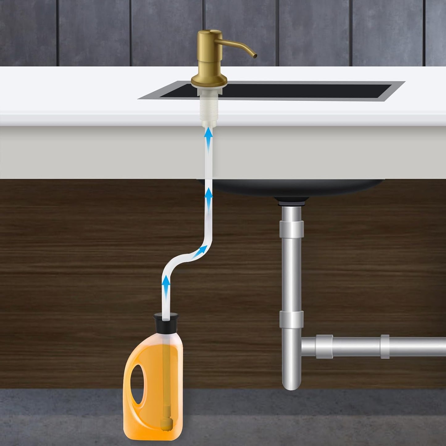 Soap Dispenser for Kitchen Sink and Extension Tube Kit, Stainless Steel Countertop SoapDispenser with 47 Inches Tube Connects Directly to Soap Bottle, Hand and Dish Soap Dispenser Pump （Golden）