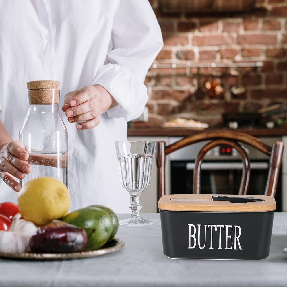 Ceramic Butter Dish with Wooden Lid, Large Butters Container Keeper Storage with Stainless Steel Knife Spreader, Bamboo Cover and Silicone Sealing Ring for West East Coast, Black
