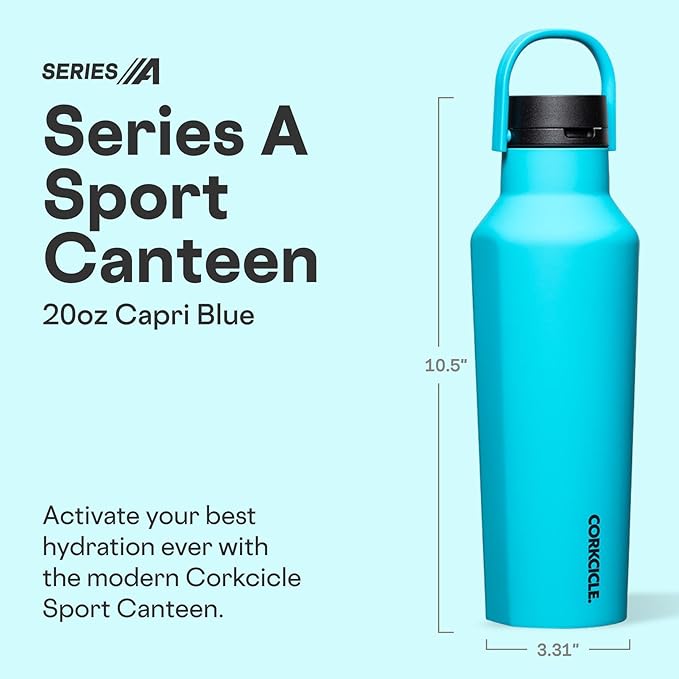 Corkcicle Sport Canteen - Keeps Drinks Cold 25 Hours - Stainless Steel Water Bottle - Triple-Insulated - Spill-Proof - Summer Drinkware Gift - Keeps Drinks Ice Cold - 20 oz - Capri Blue