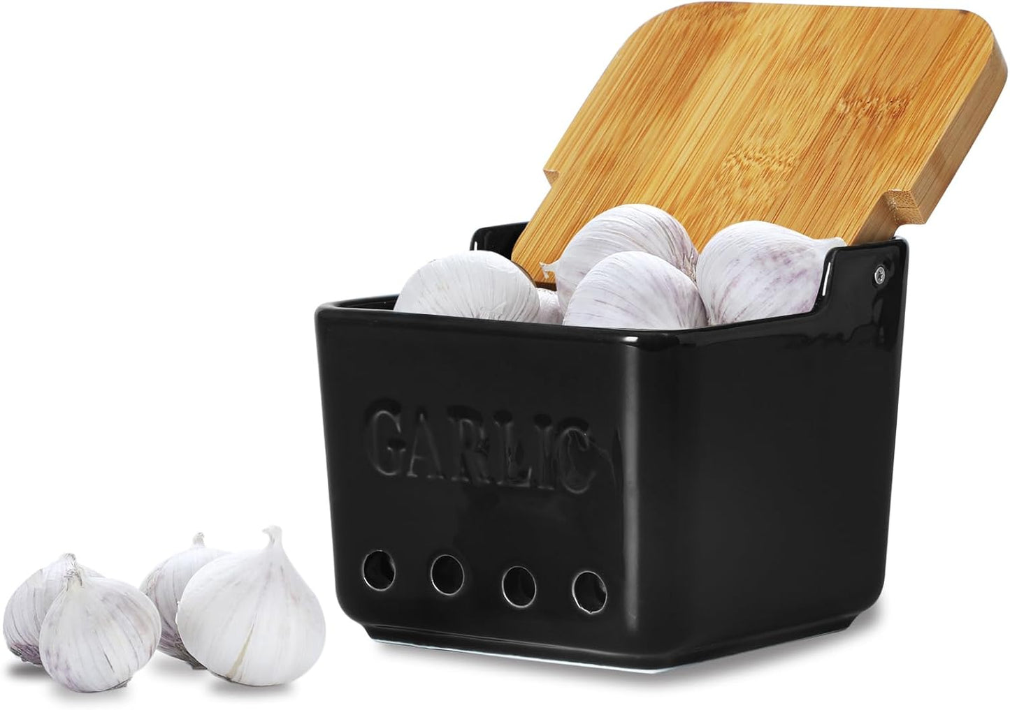 ONTUBE Garlic Keeper with Lid, Ceramic Garlic Holder Storage, Garlic Container for Kitchen, Garlic Saver to Keep Your Garlic Cloves Fresh Longer 4.7-Inch, Black