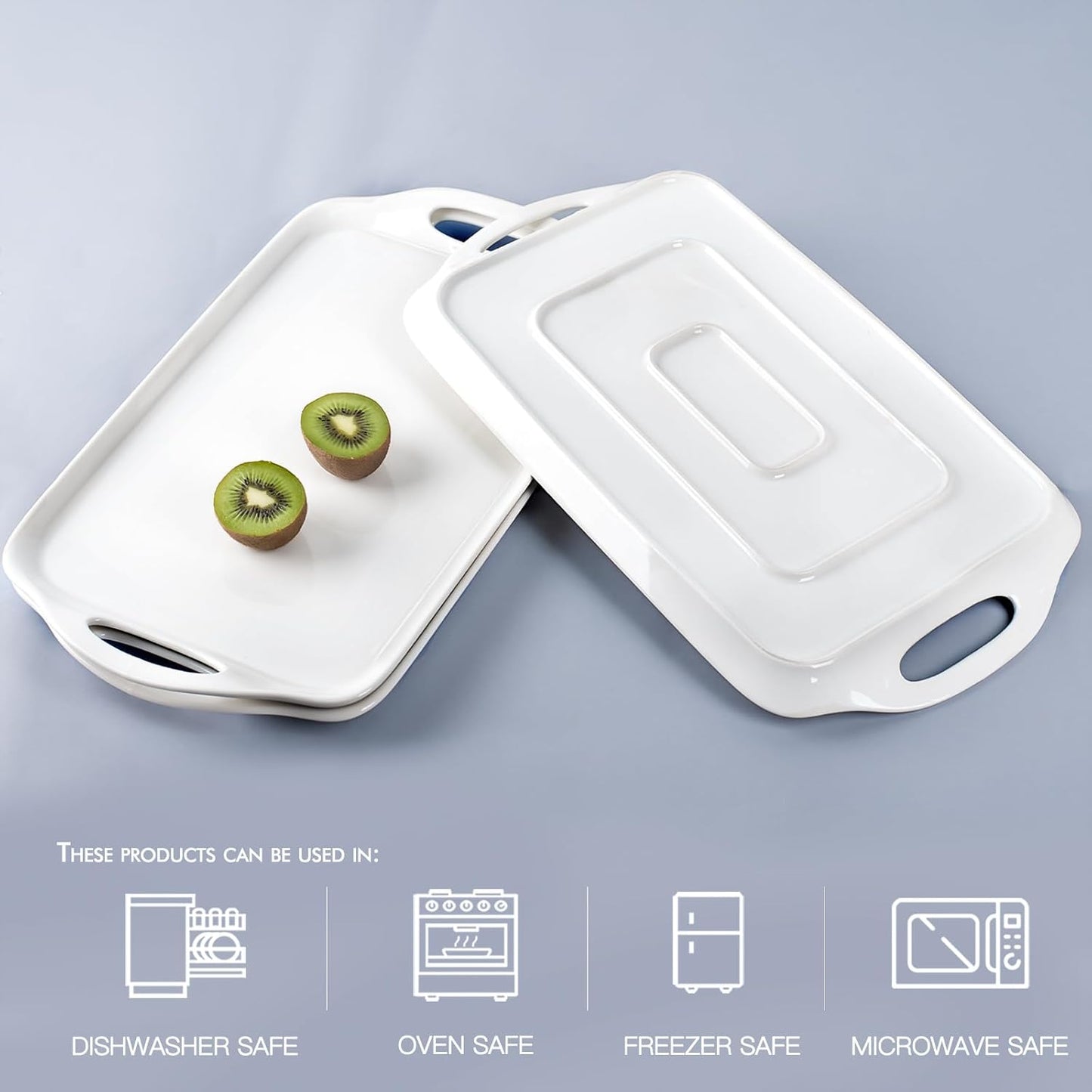 Serving Tray with Handles, 16"x 9.5" Large Serving Platter, White Porcelain Platters for Serving Food, Serving Platters and Trays for Parties, Entertaining, Dessert, Fruit, Turkey, 3-Pack, Rectangle