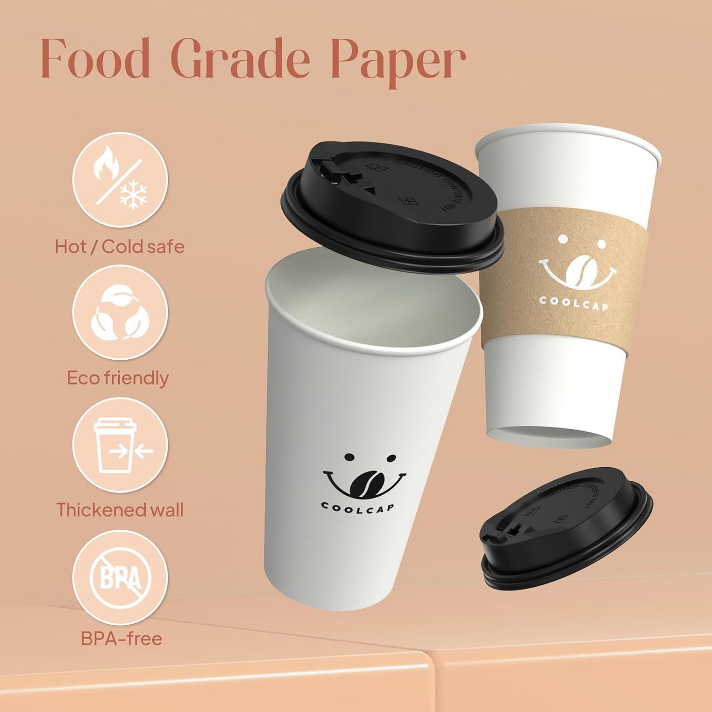 Coffee Cups with Lids and Sleeves, 16 Ounce 100 pack To Go Coffee Cups with Lids, Hot Coffee Paper Cups Bulk for Hot Beverage (16 Ounce, White)