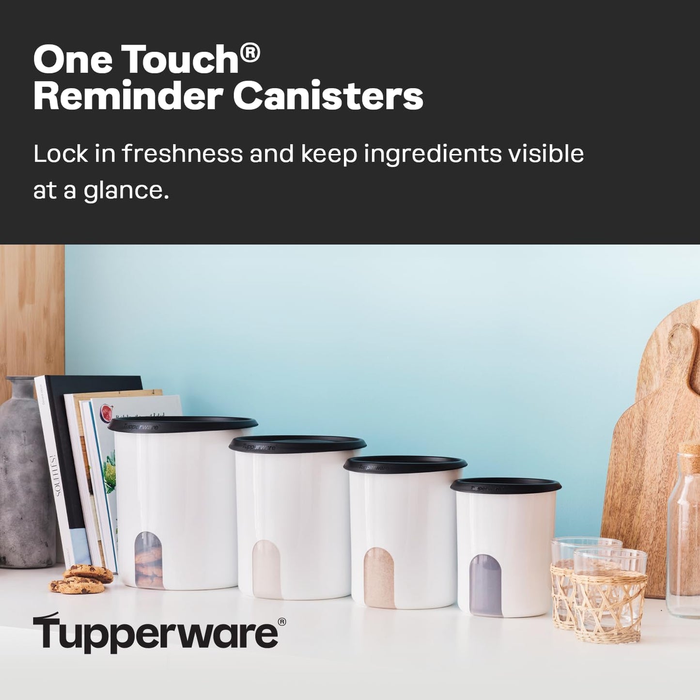 Tupperware One Touch Reminder Canisters 4 Canister Food Storage Set, Dishwasher Safe and BPA Free, (4 Containers, 4 Lids)