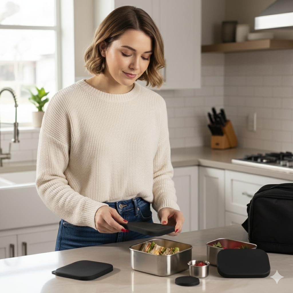 Flexibento - Leak proof Stainless Steel Bento Box | Stainless steel Snack Containers | Food Containers with Silicone Lids | Metal Food Containers| Bentobox - Black, 52 Oz Set (set of 5)