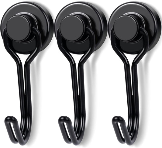 E BAVITE Black Swivel Swing Magnetic Hooks, Strong Neodymium Rare Earth Magnet Hook Perfect for Refrigerator and Other Surfaces, Pack of 3