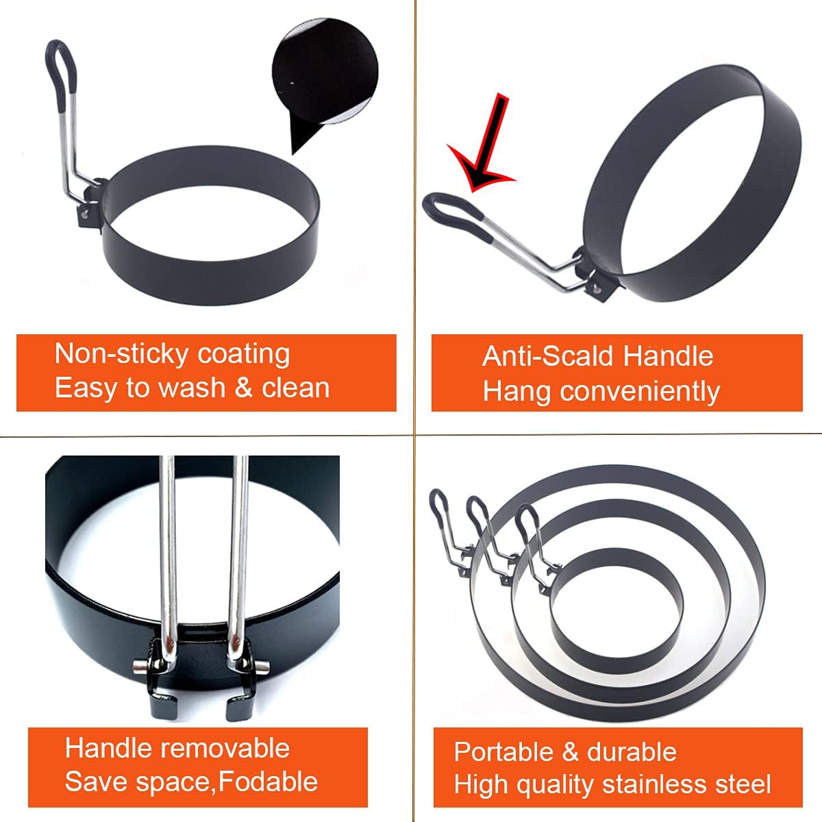 8" Omelette Ring,6" Pancake Ring,4" Griddle Egg Ring,Non-stick Stainless Steel Egg Cooker Omelet Ring Set(Upgrade Large 3 Packs Egg Cooking Rings for Griddle Frying Egg with Oil Brush & Egg Separator)