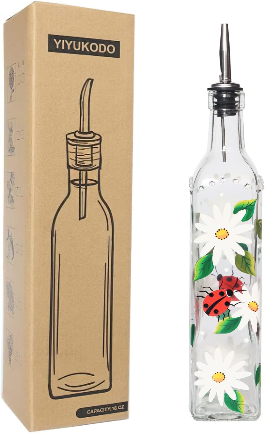 17oz Hand Painted Glass Olive Oil Bottle - 500ml Green Oil & Vinegar Cruet with Pourers - Olive Oil Carafe Decanter for Kitchen (Daisy)
