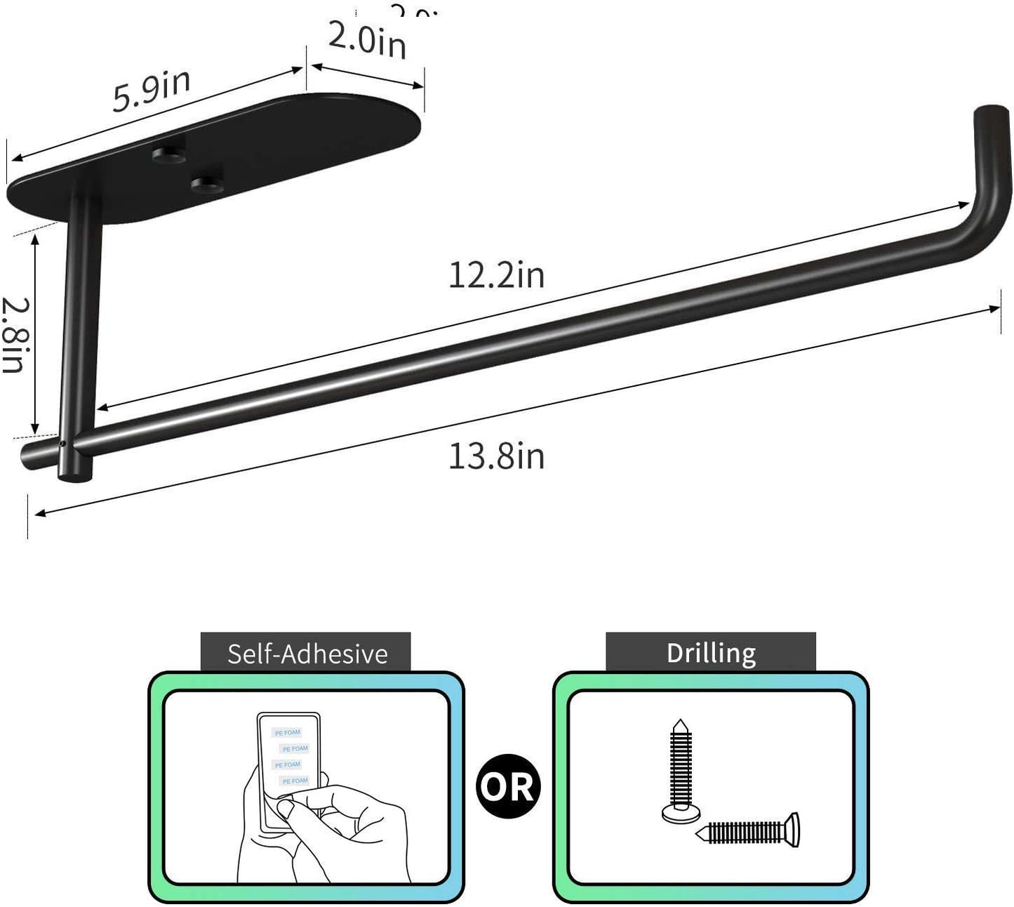 VAEHOLD Self Adhesive Paper Towel Holder Under Cabinet Mount, Wall Mounted Paper Towel Roll Holder for Kitchen, Bathroom, Wall - SUS304 Stainless Steel (Black)