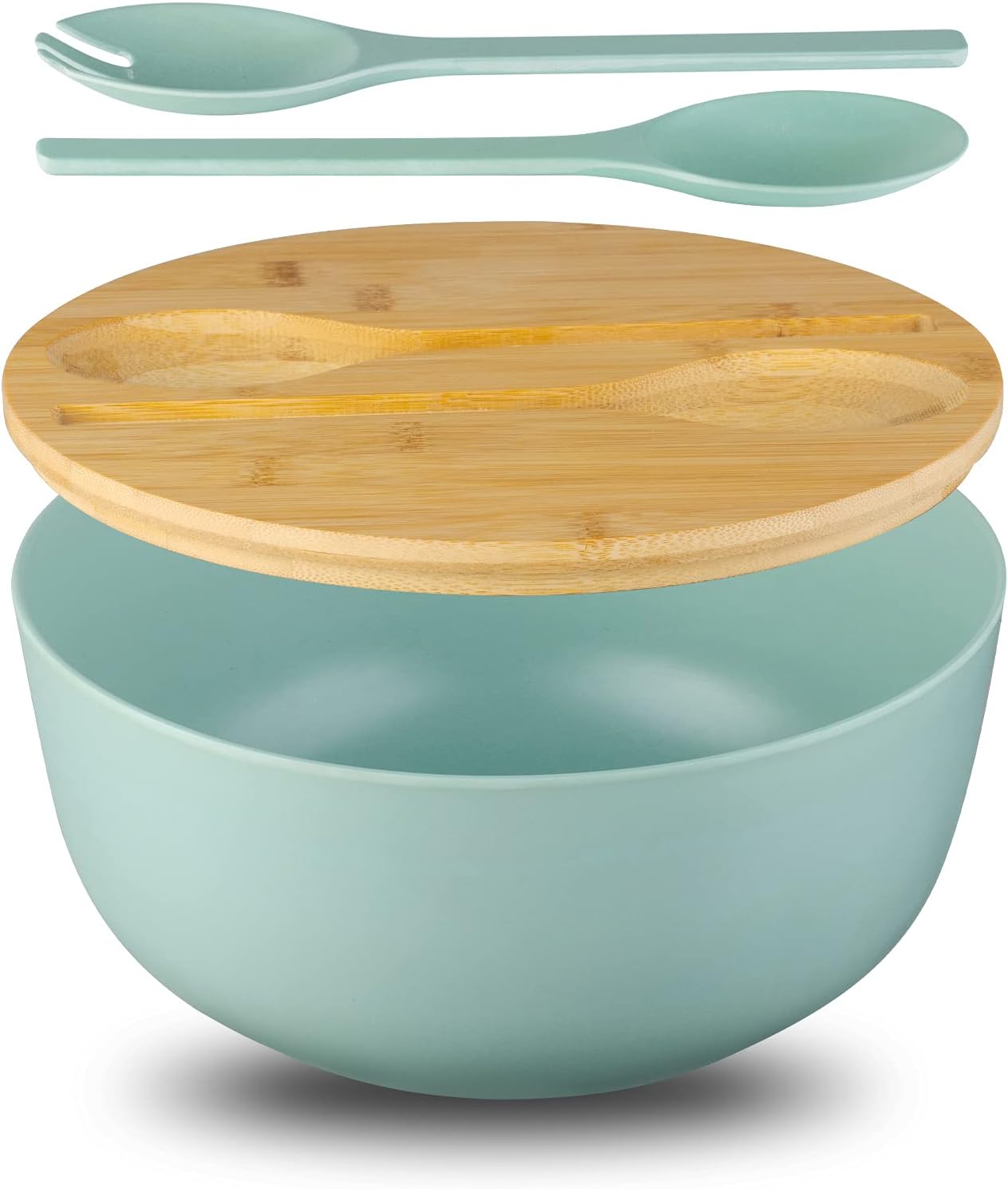 Bamboo Fiber 10 ″ Large Salad Serving Bowl Set with Wooden Lid & Servers, 3.5Qt Big Bowl with Utensils for Mixing Salad,Fruit,Pasta,Lightweight & Dishwasher Safe, Ideal Gift for Home - Teal Color
