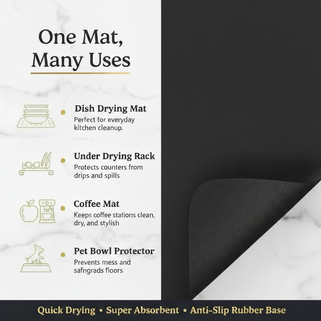 Dish Drying Mat Super Absorbent – 24" x 16" Coffee Mat for Countertops – Non-Slip Drying Mat for Kitchen Counter – Easy to Clean Water Absorbent Mat – Large Dish Drying Mats (Black)