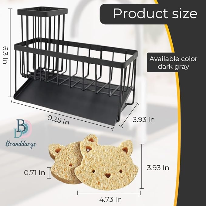 Cisily Black Sponge Holder for Kitchen Sink – Rustproof 304 Stainless Steel Sink Caddy Organizer with High Brush Holder – Kitchen Countertop Storage for Sponges, Soap & Dispensers