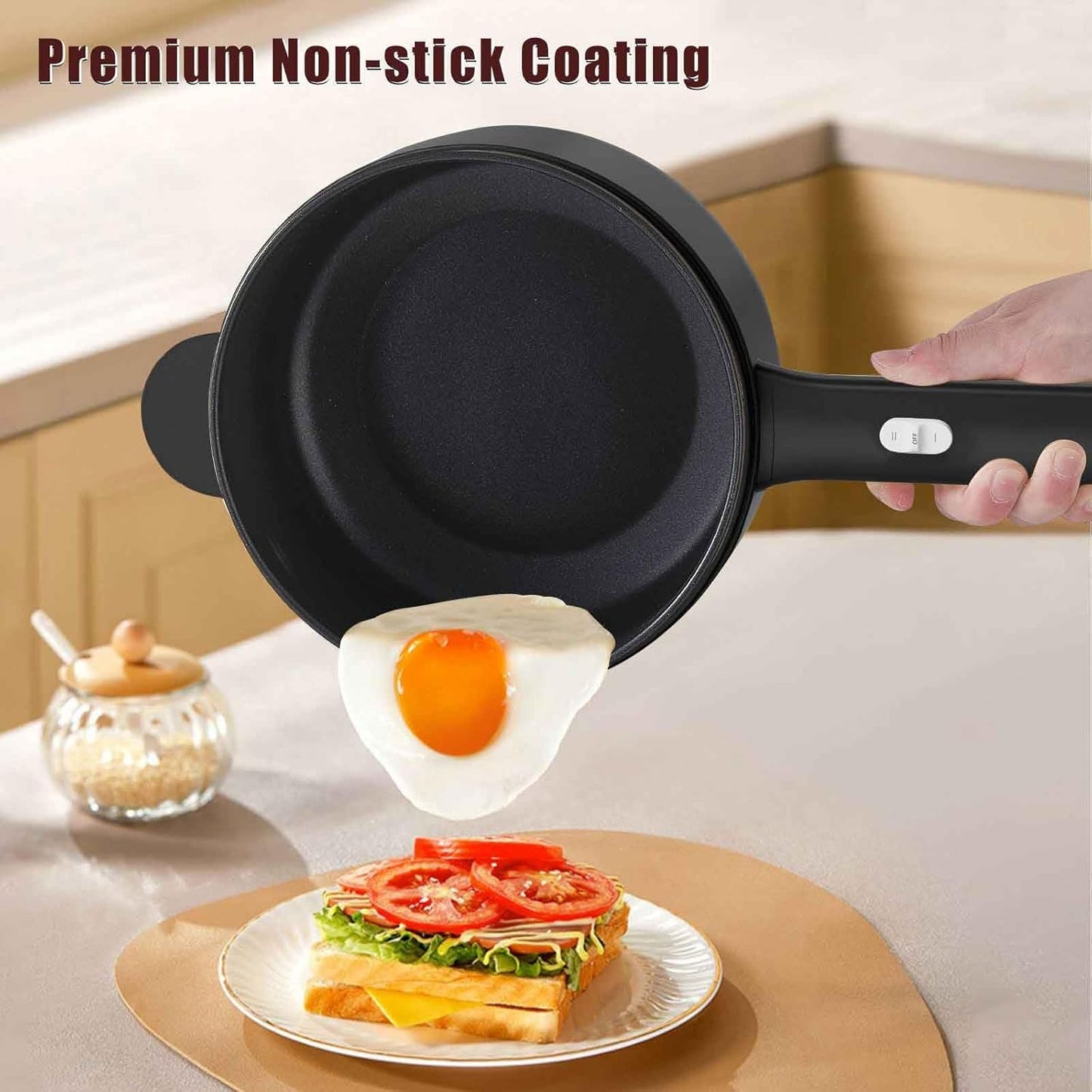 Dezin Electric Cooker, 2L Non-Stick Sauté Pan, Rapid Noodles Cooker, Mini Pot for Steak, Egg, Fried Rice, Ramen, Oatmeal, Soup with Power Adjustment, College Dorm Room Essential(Egg Rack Included)