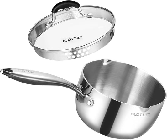 Tri-Ply Whole-Clad Stainless Steel Sauce Pan with Pour Spout,2.5 Quart Small Multipurpose Pasta Pot with Strainer Glass Lid, Saucepan for Cooking with Stay-cool Handle.