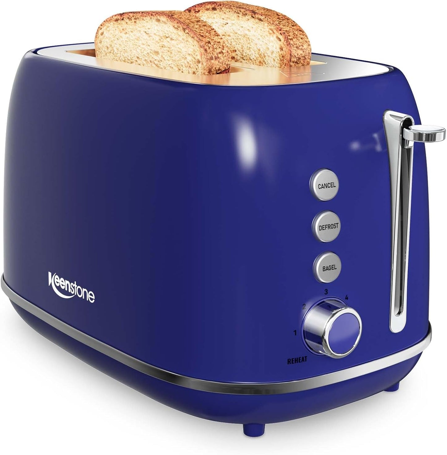 Keenstone Retro 2-Slice Stainless Steel Toaster - Bagel, Cancel, Defrost Functions, Extra Wide Slots, High Lift Lever, 6 Shade Settings, Removable Crumb Tray, Dark Blue