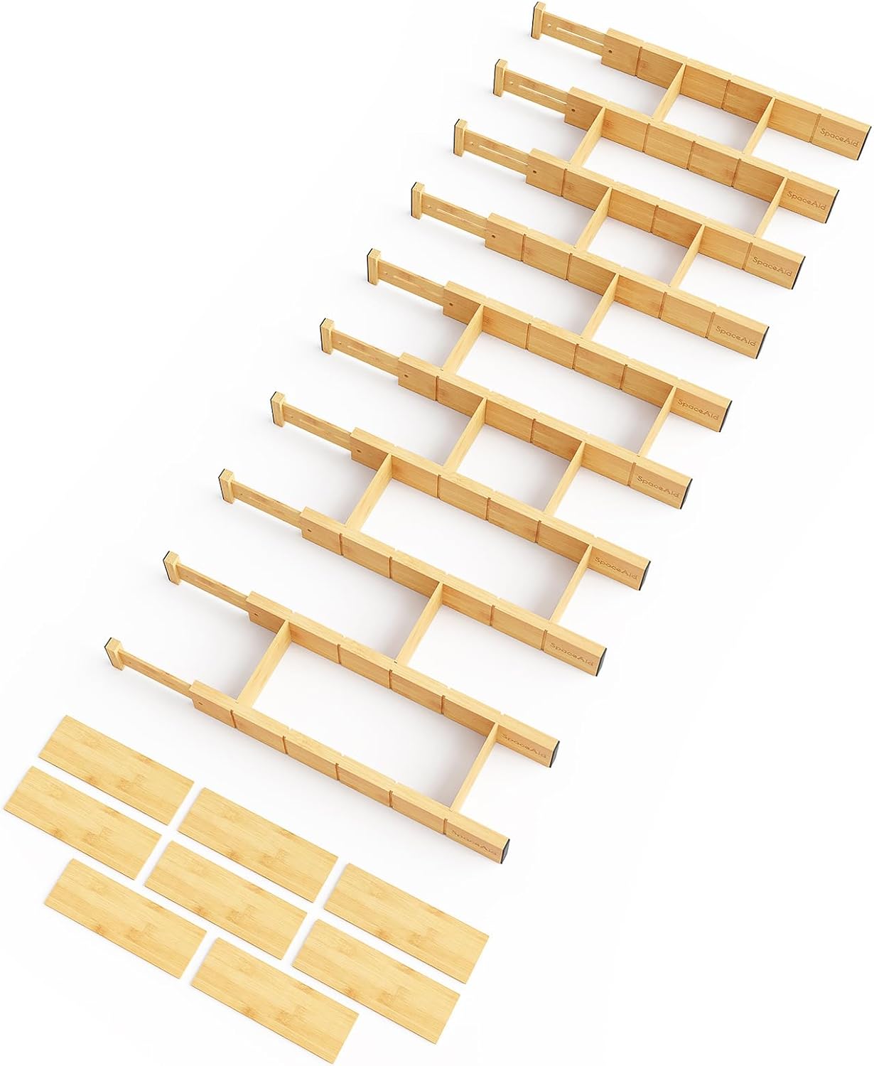SpaceAid Bamboo Drawer Dividers with Inserts and Labels, Kitchen Adjustable Drawer Organizers, Expandable Organization for Home, Office, Dressers, 10 Dividers with 24 Inserts (17"-22" Natural)