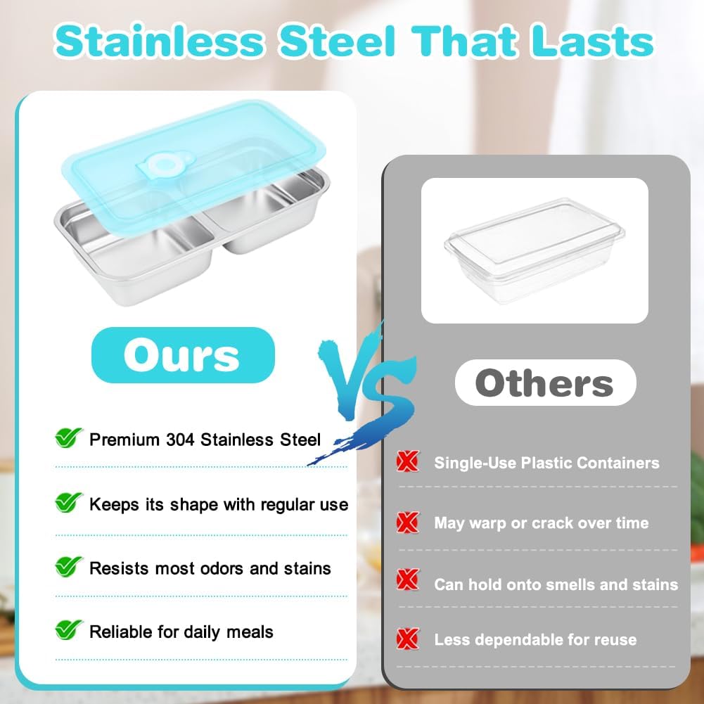 YQL 2 Pack Stainless Steel Food Containers with Lids, Double & Single Compartment Snack Boxes for Kids, Leakproof Reusable Bento Box for Lunch Prep, Travel, School, Camping