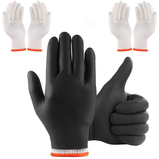 BBQ Gloves for Cooking Baking Grilling, 100 Count Disposable Nitrile Gloves and 4 Count Cotton Glove Liners Washable (6mil Nitrile, X-Large)