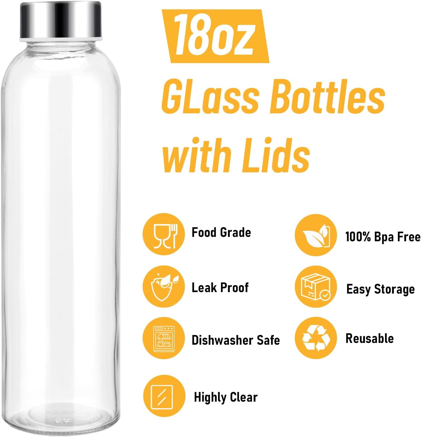 [10 Pack]18 oz Glass Water Bottles with Lids, Juice Bottles, Clear glass juice bottle for juicing, Eco-Friendly Reusable Glass Juicing Bottles with Stainless Steel Lid, BPA Free,Leak-Proof