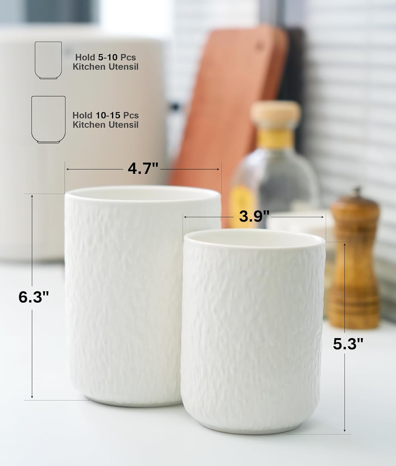 Set of 2 Utensil Holder, 7"+5" Ceramic Kitchen Utensil Holder for Countertop, Large Cooking Utensil Crocks for Counter, Morden Utensil Organizer for Spatula, Kitchen Decor (White)