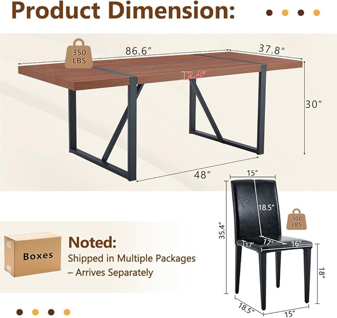86.6" Dining Table Set for 8, Modern 9 Piece Wood Kitchen Table and Chairs Set, Rectangle Dining Room Table with 8 PU Leather Upholstered Chairs, Ideal for Home, Kitchen, or Apartment Dining