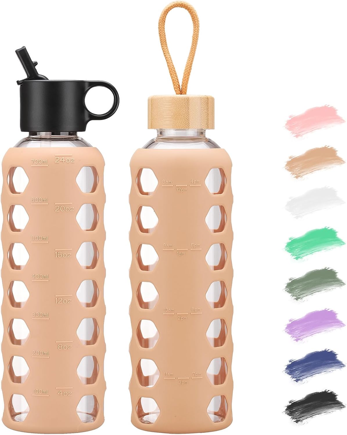 MUKOKO Glass Water Bottles, 24oz Glass Tumbler, Drinking Bottles with 2 Lids-Handle Flip Straw Lid&Bamboo Lid, Motivational Water Bottle with Time Marker and Silicone Sleeve, Leakproof-1 Pack-Amber