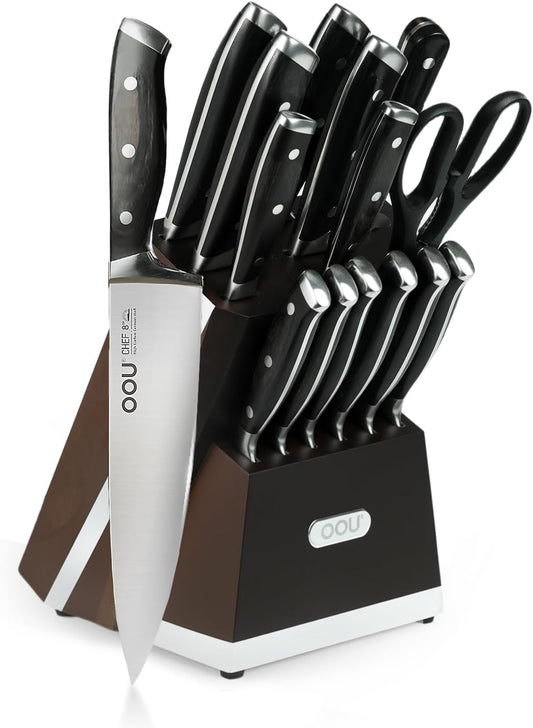 OOU 15-Piece Kitchen Knife Set with Block, German Stainless Steel Knife Blcok Set with Sharpening Rod, Ergonomic Wood Handle, Premium Cutlery Set with Steak Knives