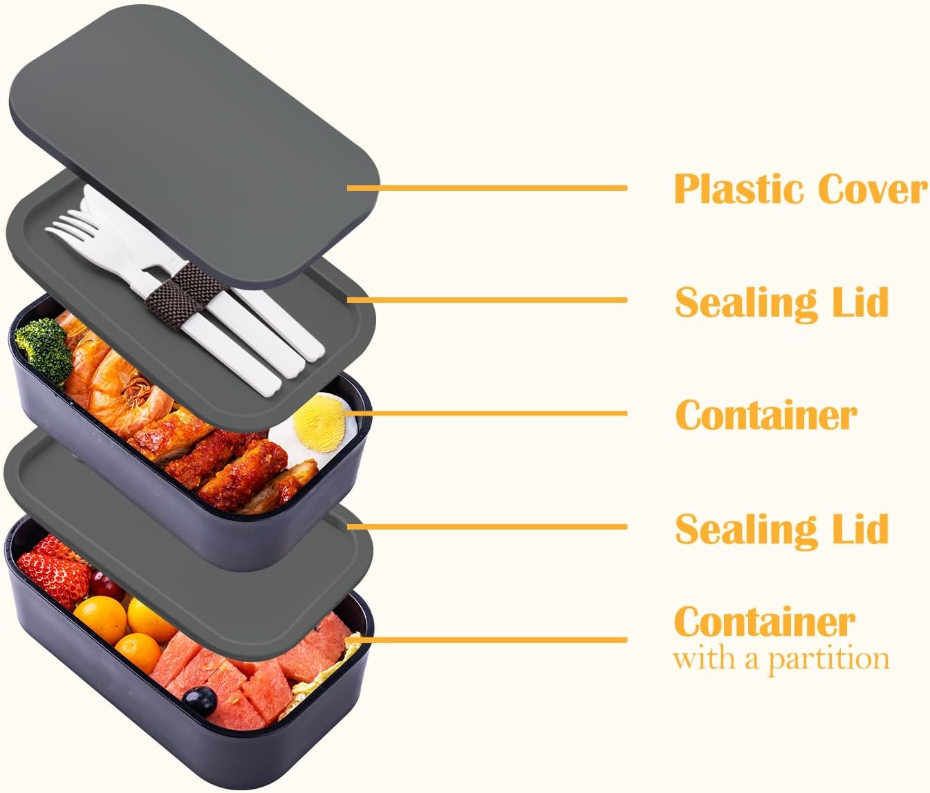 Stackable Bento Box with Utensils Microwave Safe, All-in-One Meal Prep Compartment Lunch Containers Leak Resistant Lunch Box with Sauce Container 60oz Gray(without bag)