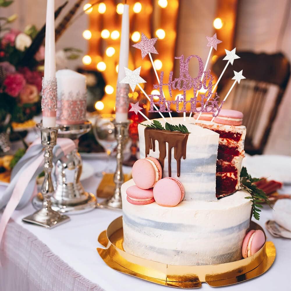 Glittery 10th Happy Birthday Cake Topper with Star,Personalised 10 Birthday Cake Toppers Party Decorations Party Supplies for Boys Girls Rose Gold