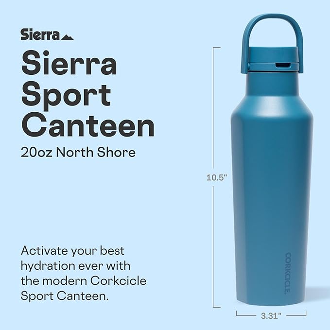Corkcicle Sport Canteen - Keeps Drinks Cold 25 Hours - Stainless Steel Water Bottle - Triple-Insulated - Spill-Proof - Summer Drinkware Gift - Keeps Drinks Ice Cold - 20 oz - North Shore