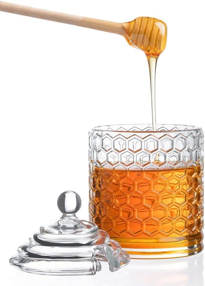 Royalty Art Glass Honey Pot with Beehive Lid and Wooden Dipper, 3 Pc. Set, Decorative Kitchen Accessory and Dispenser, Honeycomb Glassware, Reusable and Washable