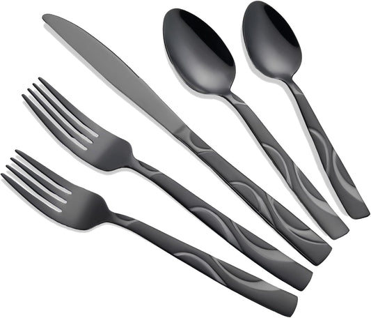 60 Pieces Black Silverware Set, Heavy Duty 430 Stainless Steel Flatware Utensils, Cutlery Set Service for 12 Including Fork Spoon and Knife, Dishwasher Safe