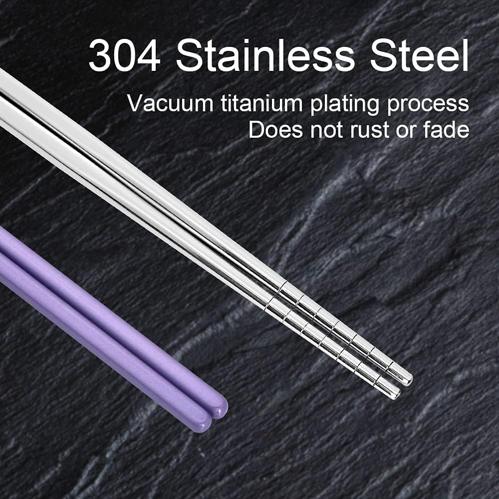 Stainless Steel Chopsticks Reusable Multicolor Lightweight 304 Metal Chopsticks Dishwasher Safe - 5 Pairs (Purple)