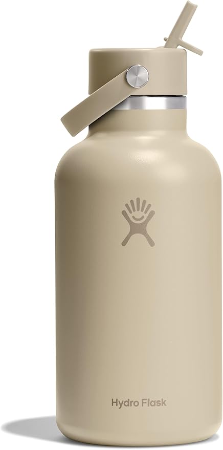 Hydro Flask Water Bottle - Insulated Stainless Steel - Wide Mouth Flex Straw Lid, Non Spill, Leakproof and Refillable in 64 Oz Tonal Oat