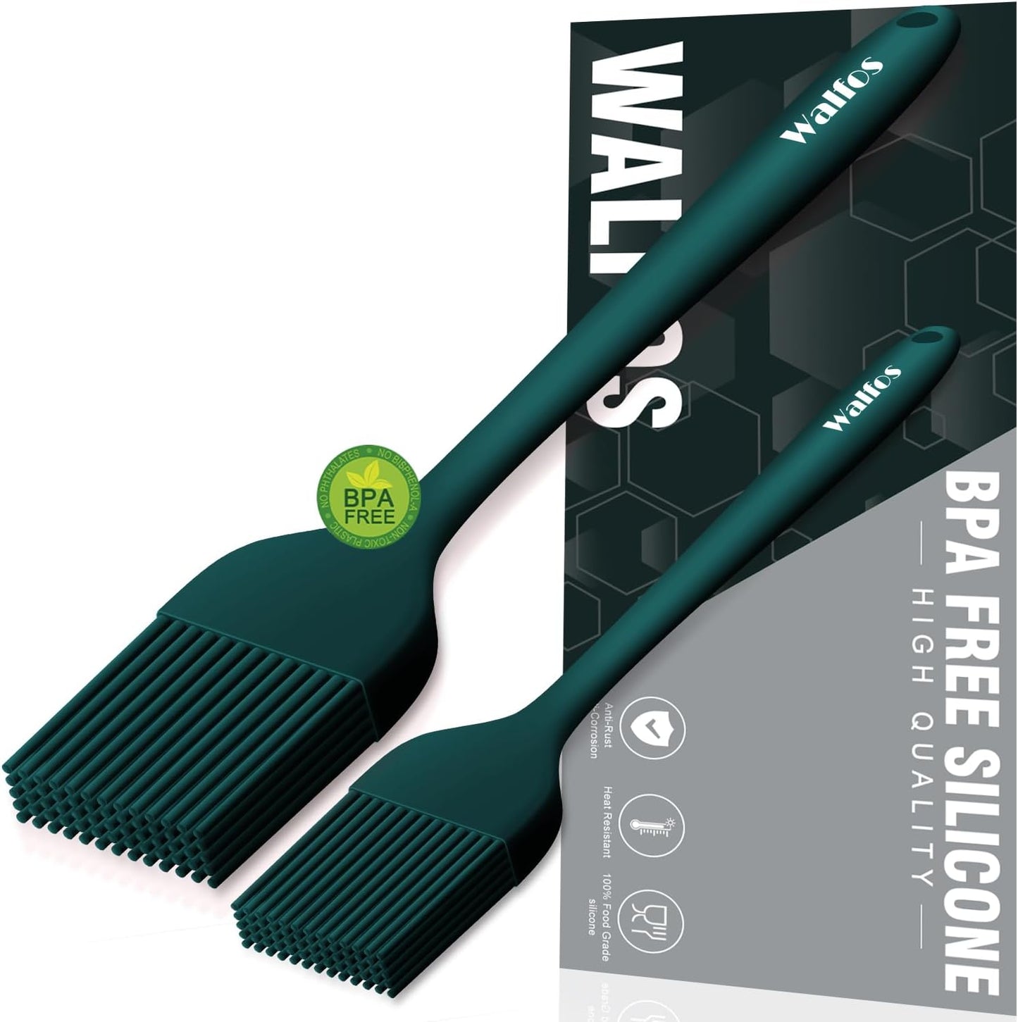 Walfos Silicone Basting Pastry Brush, 2 Size Pastry Brush Set, Perfect for BBQ Grill Kitchen Cooking, BPA Free and Dishwasher Safe, 2 Pcs (Ink Green)